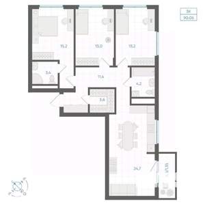 3-к квартира, вторичка, 90м2, 13/18 этаж