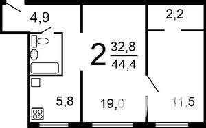 2-к квартира, вторичка, 45м2, 4/5 этаж