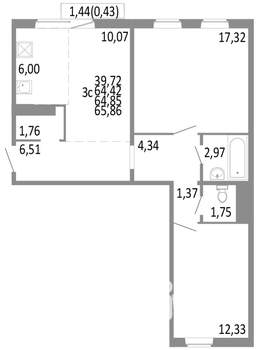 3-к квартира, строящийся дом, 65м2, 8/10 этаж