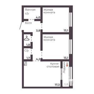 2-к квартира, строящийся дом, 59м2, 12/17 этаж