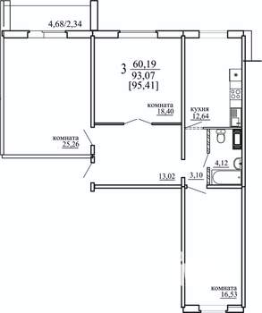 3-к квартира, строящийся дом, 93м2, 6/10 этаж