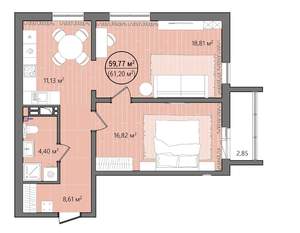 2-к квартира, вторичка, 63м2, 10/13 этаж