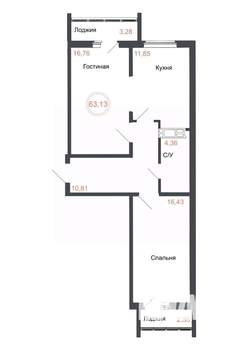 2-к квартира, вторичка, 63м2, 13/16 этаж