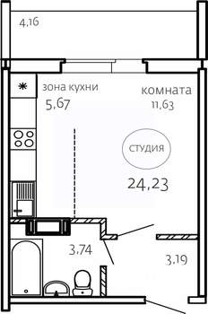 Студия квартира, строящийся дом, 24м2, 2/10 этаж