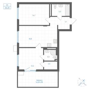 2-к квартира, вторичка, 66м2, 1/9 этаж