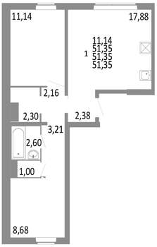 1-к квартира, строящийся дом, 51м2, 1/10 этаж