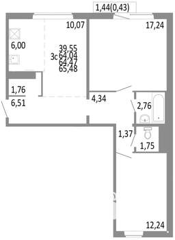 3-к квартира, строящийся дом, 64м2, 9/10 этаж