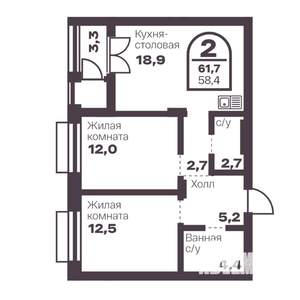 2-к квартира, вторичка, 58м2, 1/24 этаж