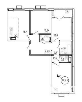 3-к квартира, строящийся дом, 78м2, 7/16 этаж
