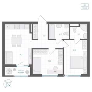 2-к квартира, вторичка, 51м2, 6/10 этаж