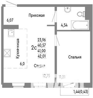 2-к квартира, строящийся дом, 41м2, 4/10 этаж