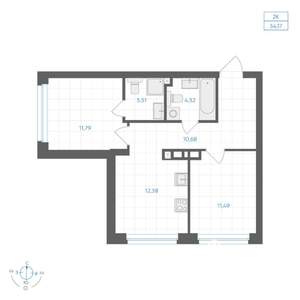 2-к квартира, вторичка, 54м2, 19/30 этаж