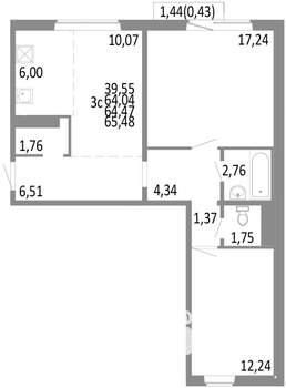 3-к квартира, строящийся дом, 64м2, 3/10 этаж