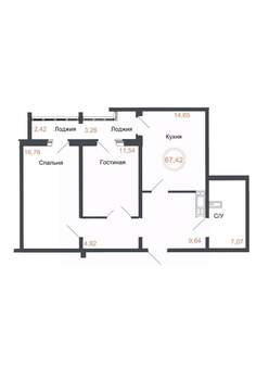 2-к квартира, вторичка, 67м2, 14/16 этаж