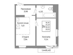 2-к квартира, строящийся дом, 32м2, 7/10 этаж