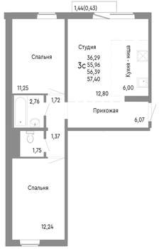 3-к квартира, строящийся дом, 56м2, 9/10 этаж