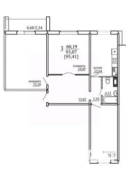 3-к квартира, сданный дом, 93м2, 2/10 этаж