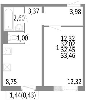 1-к квартира, строящийся дом, 32м2, 4/10 этаж