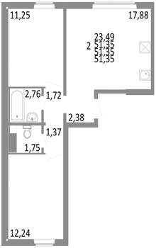 2-к квартира, строящийся дом, 51м2, 1/10 этаж
