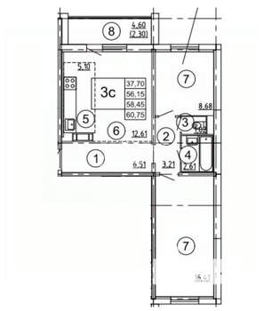 2-к квартира, вторичка, 58м2, 12/17 этаж