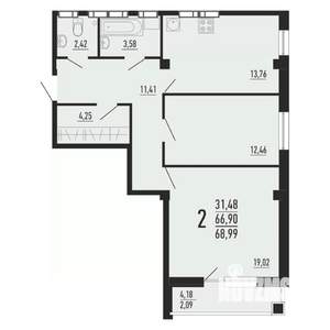 2-к квартира, вторичка, 69м2, 8/16 этаж