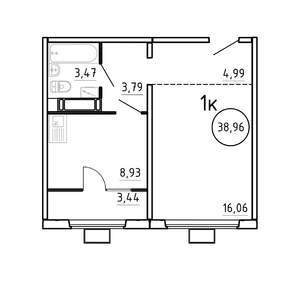 1-к квартира, строящийся дом, 39м2, 4/16 этаж