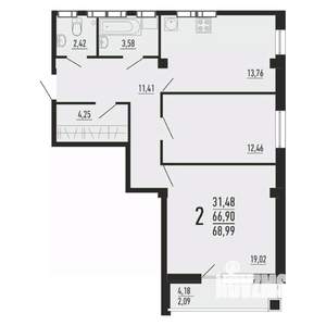 2-к квартира, вторичка, 69м2, 13/16 этаж