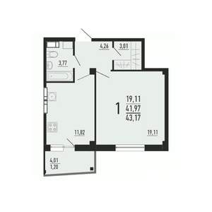 1-к квартира, вторичка, 43м2, 12/16 этаж