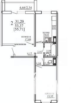 2-к квартира, вторичка, 53м2, 3/10 этаж
