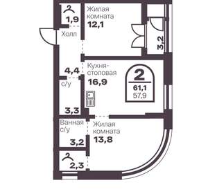 2-к квартира, вторичка, 58м2, 1/8 этаж
