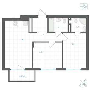 2-к квартира, вторичка, 57м2, 9/18 этаж