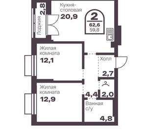 2-к квартира, вторичка, 60м2, 5/8 этаж