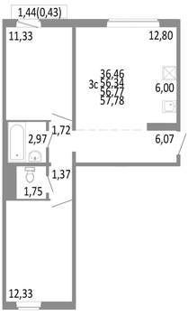 3-к квартира, строящийся дом, 57м2, 9/10 этаж