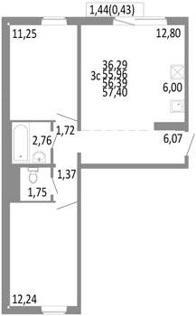 3-к квартира, строящийся дом, 56м2, 9/10 этаж