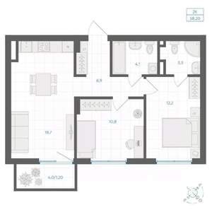 2-к квартира, вторичка, 58м2, 2/18 этаж