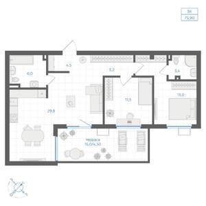 3-к квартира, вторичка, 76м2, 1/9 этаж