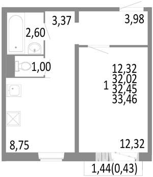 1-к квартира, строящийся дом, 32м2, 7/10 этаж