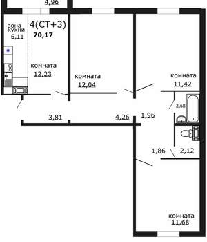 4-к квартира, вторичка, 70м2, 10/18 этаж