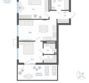 2-к квартира, вторичка, 66м2, 1/18 этаж