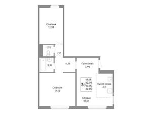 3-к квартира, строящийся дом, 62м2, 2/10 этаж