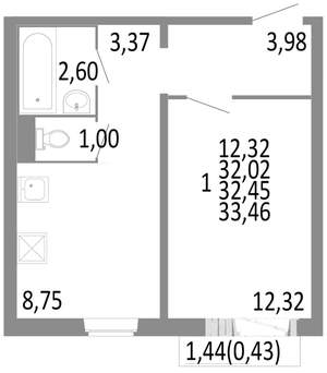 1-к квартира, строящийся дом, 32м2, 7/10 этаж