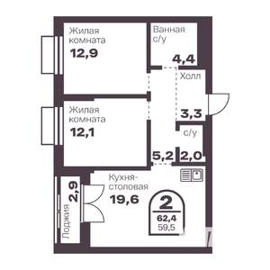 2-к квартира, вторичка, 60м2, 2/24 этаж