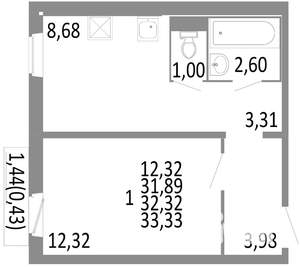 1-к квартира, строящийся дом, 32м2, 3/10 этаж