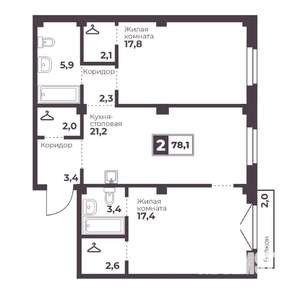 2-к квартира, строящийся дом, 78м2, 8/18 этаж