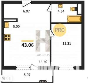 1-к квартира, вторичка, 43м2, 6/10 этаж