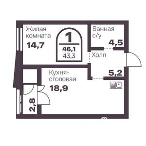 1-к квартира, вторичка, 43м2, 13/24 этаж