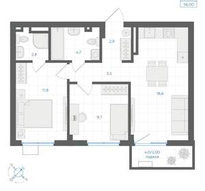 2-к квартира, вторичка, 56м2, 6/18 этаж