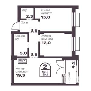 2-к квартира, вторичка, 59м2, 7/24 этаж