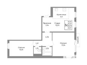 3-к квартира, строящийся дом, 62м2, 5/10 этаж