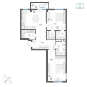 2-к квартира, вторичка, 85м2, 3/10 этаж